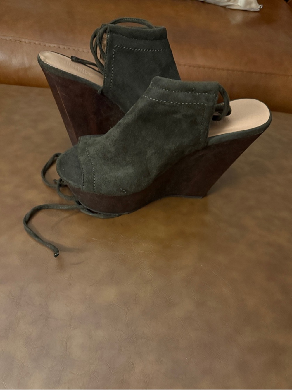 Charlotte Russe Olive Suede Lace-Up Wedge Sandals